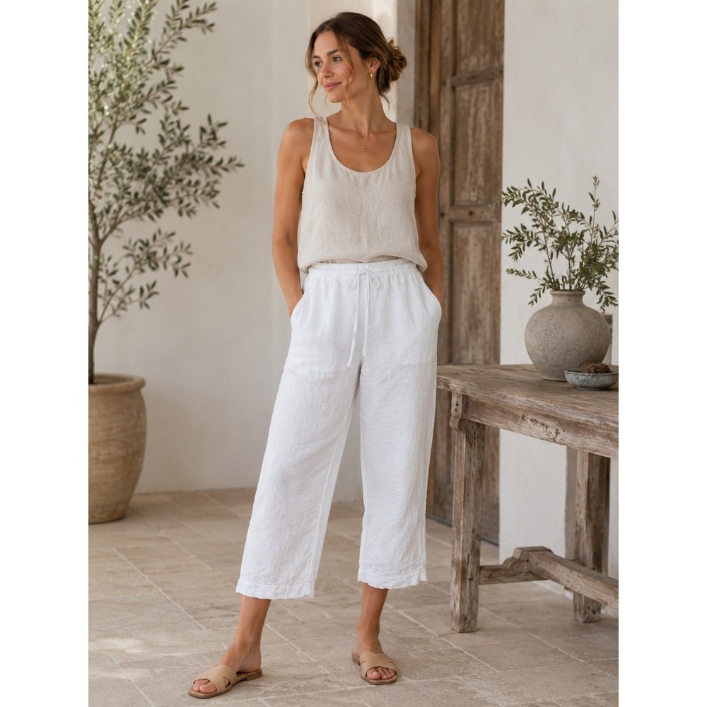 Charter Club Luxury 100% Linen Crop Ankle Pants White Drawstring Lined Pockets M - Picture 12 of 13